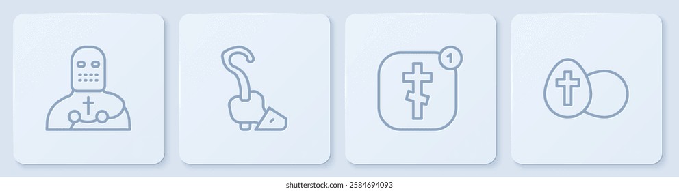 Set line Knight crusader, Online church pastor preaching, Magic staff and Easter egg. White square button. Vector