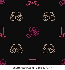 Set line Knitting, Eyeglasses and Heart rate on seamless pattern. Vector