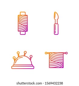 Set line Knitting, Needle bed and needles, Sewing thread on spool and Cutter tool. Gradient color icons. Vector