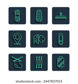 Set line Knitting needles, Crochet hook, Sewing thread on spool, Hanger wardrobe, Electric iron, Leather, Yarn and Safety pin icon. Vector