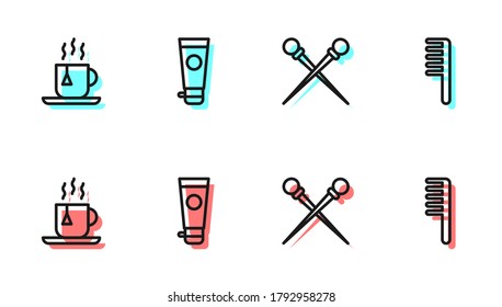 Set line Knitting needles, Cup of tea with tea bag, Cream or lotion cosmetic tube and Hairbrush icon. Vector