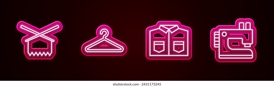 Set line Knitting needles, Hanger wardrobe, Shirt and Sewing machine. Glowing neon icon. Vector