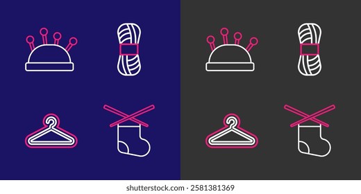 Set line Knitting needles, Hanger wardrobe, Yarn and Needle bed and icon. Vector