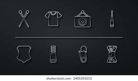 Set line Knitting needles, Leather, Awl tool, Safety pin, Zipper, T-shirt, Yarn and Tailor shop icon. Vector