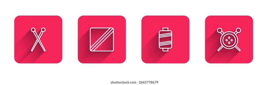 Set línea Agujas de tejer, patrón de costura, hilo y Botón y tejer con sombra larga. Botón cuadrado rojo. Vector