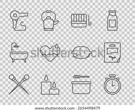 Set line Knitting needles, Stopwatch, Sauna bucket and ladle, Burning candle, Hair dryer, Heart heal,  and Leaf document icon. Vector