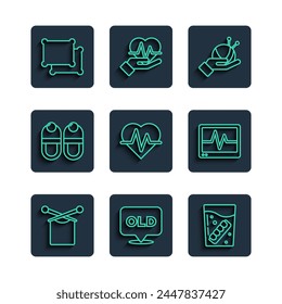 Set line Knitting, Nursing home, False jaw glass, Yarn ball with knitting needles, Heart rate, Slippers, Pillow and Monitor cardiogram icon. Vector