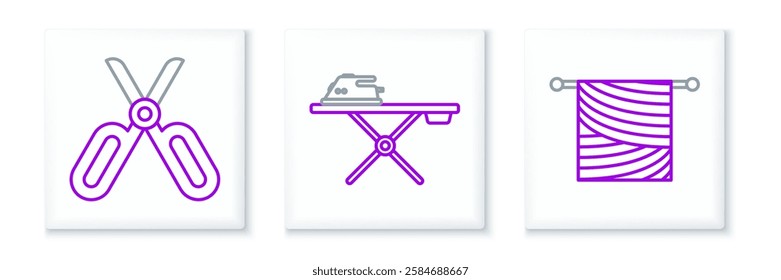 Set line Knitting, Scissors and Electric iron and ironing board icon. Vector