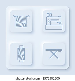 Set line Knitting, Sewing machine, Sewing thread on spool and Ironing board. White square button. Vector
