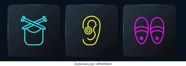Set línea de tejido, zapatillas y audífonos. Botón cuadrado negro. Vector