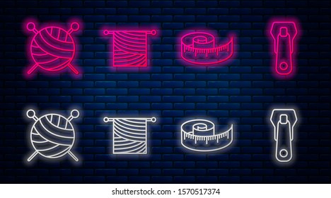 Set line Knitting, Tape measure, Yarn ball with knitting needles and Zipper. Glowing neon icon on brick wall. Vector
