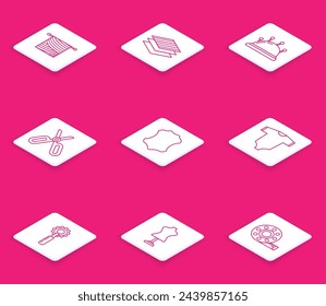 Set line Knitting, Textile fabric roll, Needle bed and needles, Scissors, Leather, Baby clothes, Cutter tool and Mannequin icon. Vector