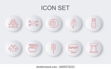 Set line Korean gate, Kimono, Sushi, K-pop, temple, South flag, Ramen and food tokpokki icon. Vector