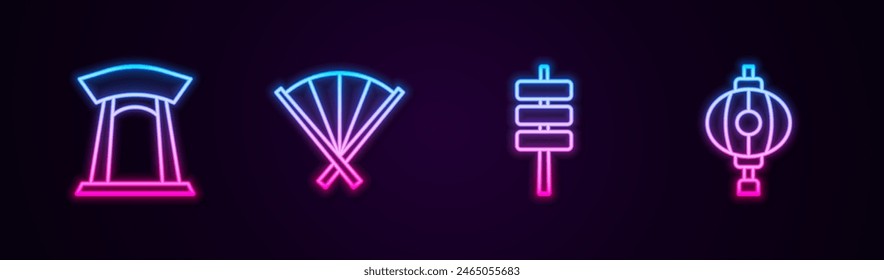Set line Korean gate, Traditional fan, food tokpokki and lantern. Glowing neon icon. Vector