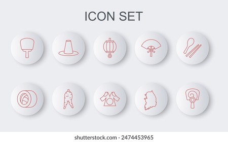 Set line Korean hand fan, Sushi, lantern, South map, hat, Ginseng root and Kimono icon. Vector