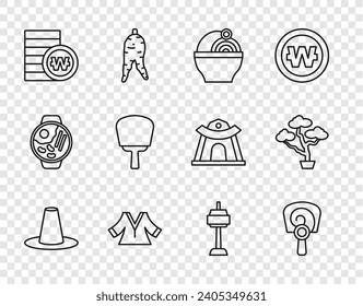 Set line Korean hat, hand fan, Ramen, Kimono, South won coin, N Seoul tower and Bonsai tree icon. Vector