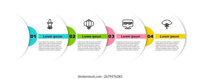 Set line sombrero coreano, linterna, K-pop y abanico tradicional. Plantilla de infografía de negocios. Vector