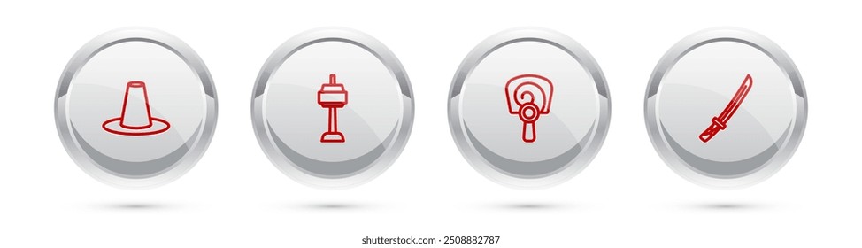 Set Linie koreanischen Hut, N Seoul Turm im Süden, Handventilator und Katana. Silberner Kreis-Knopf. Vektorgrafik