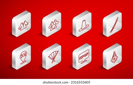 Set line Korean lantern, Kimono, hat, Katana, K-pop, Traditional fan and Location South icon. Vector