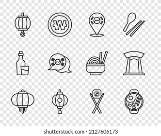 Set line Korean lantern, Ramen, Location South, flag, Sushi with chopsticks and gate icon. Vector