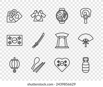 Set line Korean lantern, Ramen, Food chopsticks, Lock with heart, Katana, Love and Traditional fan icon. Vector