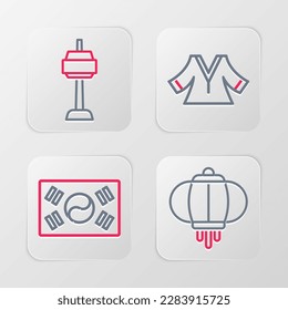 Set line Korean lantern, South flag, Kimono and N Seoul tower in icon. Vector