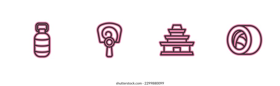 Set line Korean lantern, temple, hand fan and Sushi icon. Vector