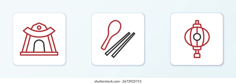 Set line Korean lantern, temple and Food chopsticks icon. Vector
