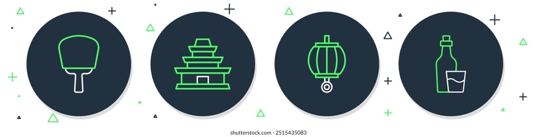 Set line Korean temple, lantern, hand fan and Soju bottle icon. Vector