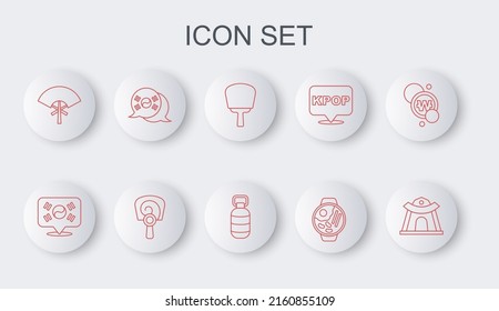 Set line Korean temple, Location South, hand fan, Ramen, Traditional, flag,  and lantern icon. Vector