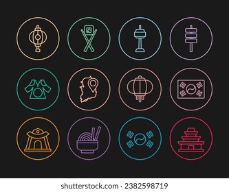 Set line Korean temple, South flag, N Seoul tower in, map, Kimono, lantern,  and Sushi with chopsticks icon. Vector