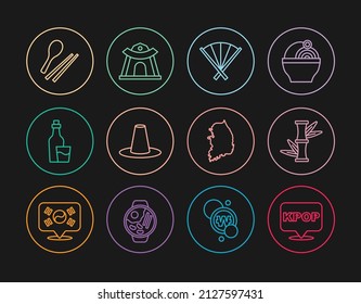 Set line K-pop, Bamboo, Traditional fan, Korean hat, Soju bottle, Food chopsticks, South map and temple icon. Vector