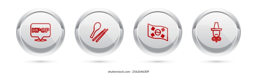 Set line K-pop, Food chopsticks, South Korea flag and Korean hat. Silver circle button. Vector