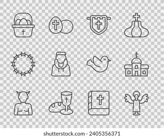 Set line Krampus, heck, Angel, Flag with christian cross, Goblet and bread, Basket easter eggs, Monk, Holy bible book and Church building icon. Vector svg