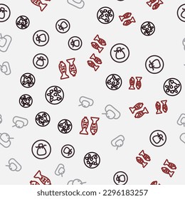 Set line Kung Pao chicken, Wonton, Mochi and Served fish plate on seamless pattern. Vector