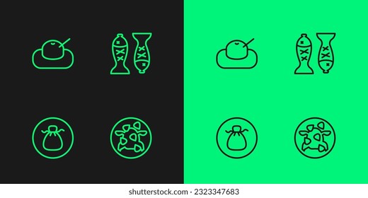 Set line Kung Pao chicken, Wonton, Mochi and Served fish plate icon. Vector
