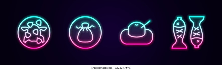 Set line Kung Pao chicken, Wonton, Mochi and Served fish plate. Glowing neon icon. Vector