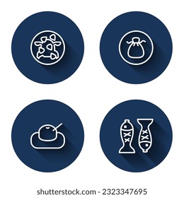 Set line Kung Pao chicken, Wonton, Mochi and Served fish plate with long shadow. Blue circle button. Vector