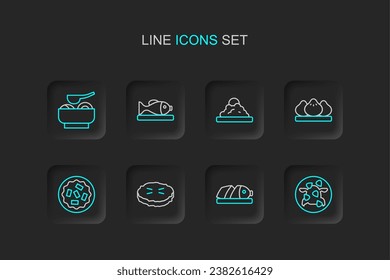 Set line Kung Pao chicken, Fish with sliced pieces, Homemade, Dumpling, Rice bowl, Served fish on plate and Ramen soup icon. Vector