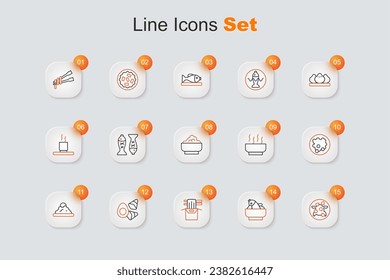 Set line Kung Pao chicken, Rice with fish in bowl, Asian noodles paper box, Chicken egg vegerables, Ramen soup and  icon. Vector