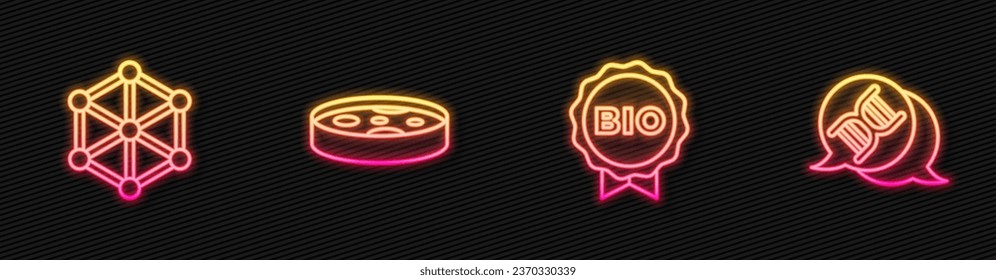 Set line Label for bio healthy food, GMO, Petri dish with bacteria and DNA symbol. Glowing neon icon. Vector