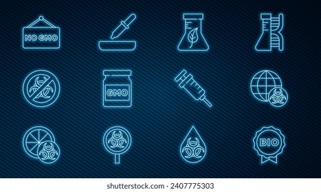 Set line Label for bio healthy food, GMO, Test tube and flask, Stop, No, Syringe and Pipette icon. Vector