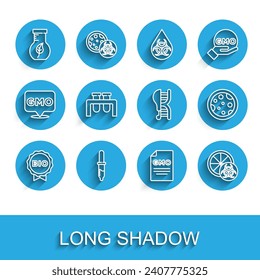 Set line Label for bio healthy food, Pipette, Test tube and flask, GMO, Genetically modified orange, Petri dish with bacteria and chicken icon. Vector