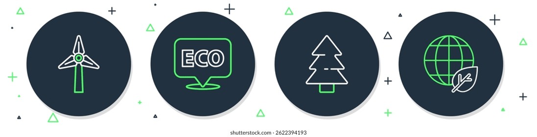 Set line Label for eco healthy food, Christmas tree, Wind turbine and Earth globe and leaf icon. Vector