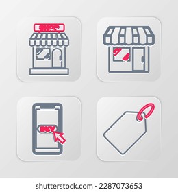 Establecer la etiqueta de línea Etiqueta de precio de la plantilla, Carro de compra y móvil, Tienda de mercado e icono. Vector