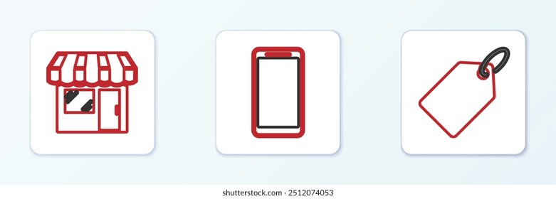 Set line Etiqueta Etiqueta de Precio de Plantilla, tienda de mercado y Smartphone, icono de teléfono móvil. Vector