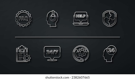 Establecer etiqueta de línea con preguntas frecuentes de texto, servicio de lista de verificación las 24 horas, Escudo, soporte telefónico, reloj, operador de soporte en contacto, e icono de portátil y ayuda. Vector