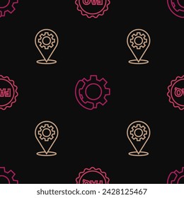 Set line Label with text FAQ, Location gear and Telephone 24 hours support on seamless pattern. Vector
