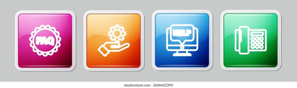 Set line Label with text FAQ, Settings in the hand, Computer monitor help and Telephone. Colorful square button. Vector