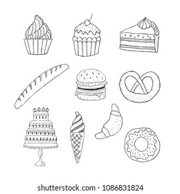 Set of line labels : confectionery, baked ware, fast food, ice cream